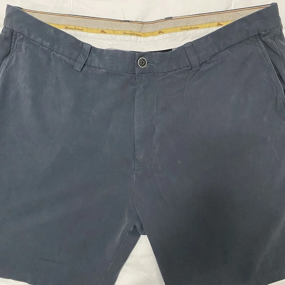 Tommy Bahama Men's blue Solid Silk Chino Shorts Flat Front Button Dry Clean